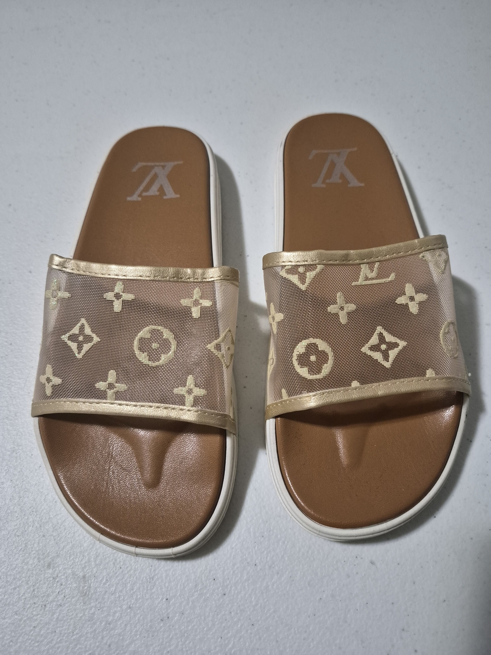Kid's Beige Patterned Slide Sandals - Picture 3 of 5